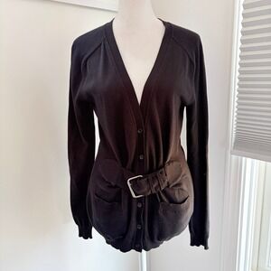 Moschino Cardigan Sz 8 Black Cotton Silk Belted Button Front Knit Luxury Sweater